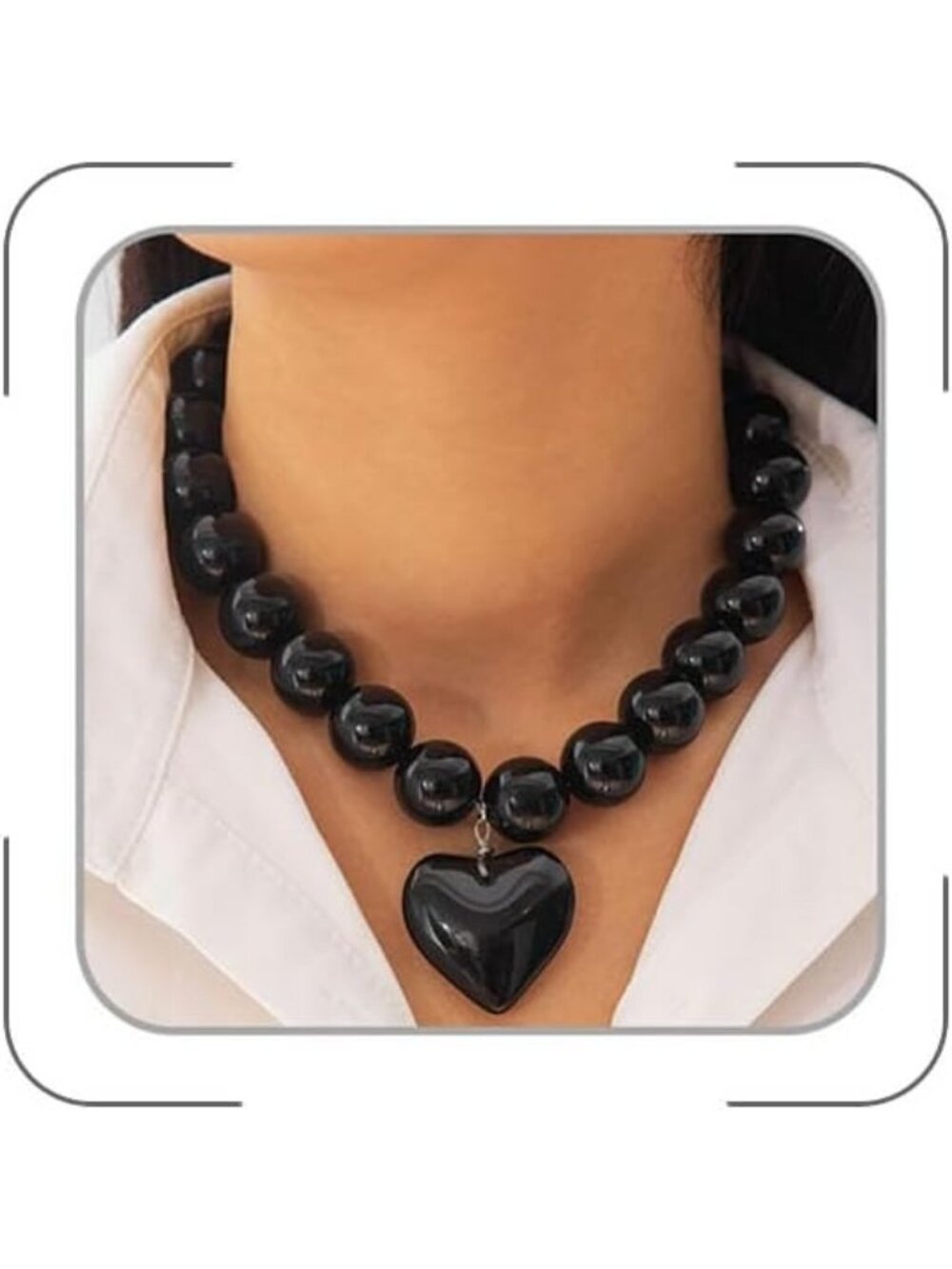 Women's Dark Black Chunky Beaded Heart Pendant Necklace Trendy Y2k Choker Gift